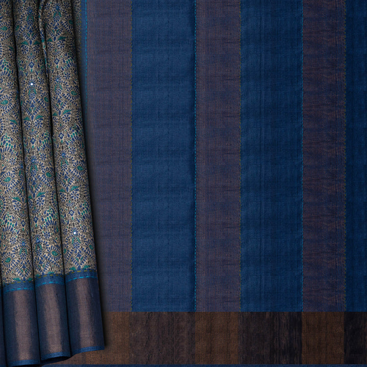 Blue and brown striped fabric with a floral pattern on a part of it