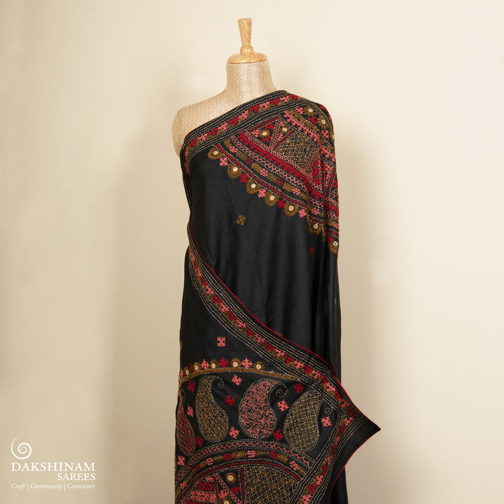 Pleats/body of Handwoven black embroided  tussar  silk Saree