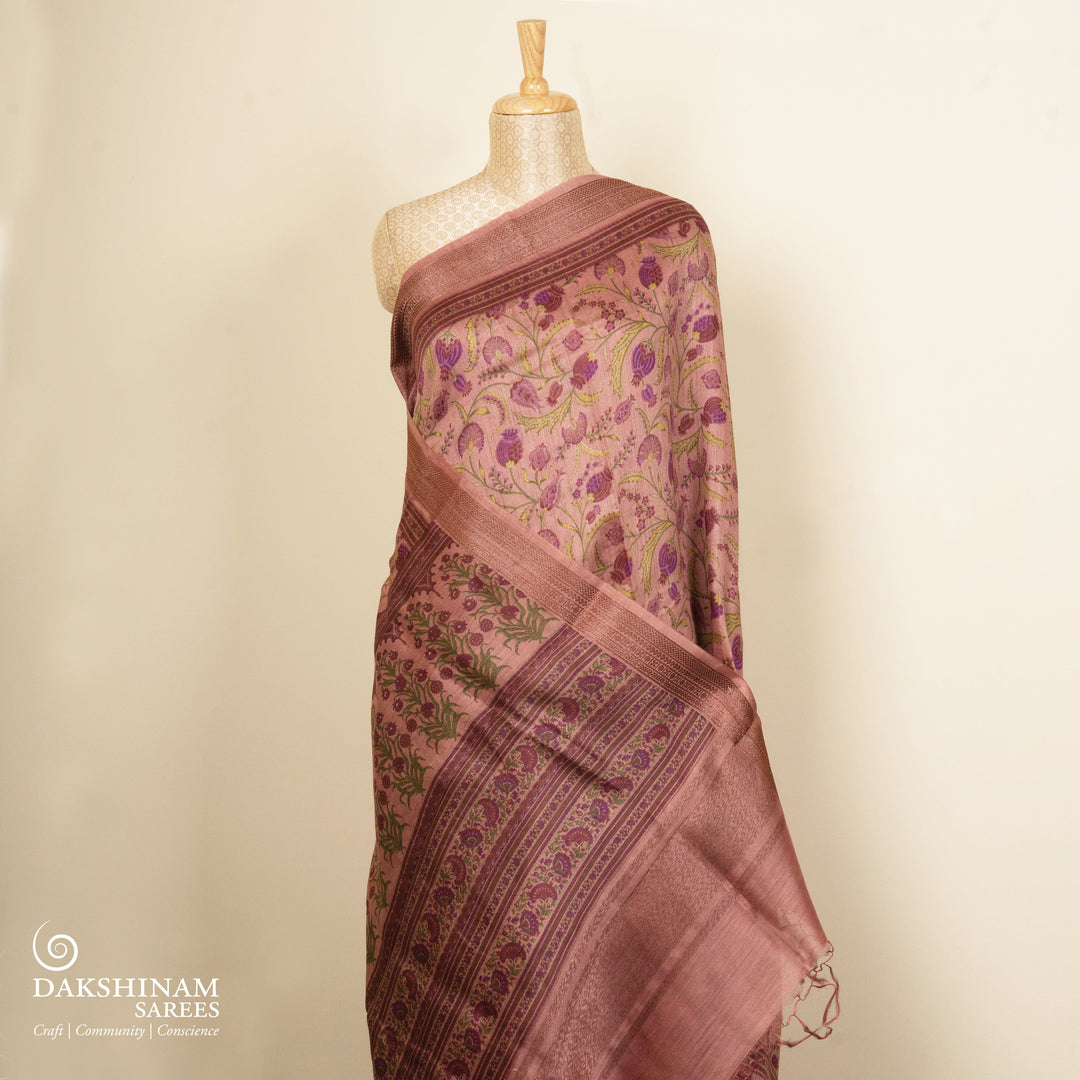 Pleats/body of Handwoven  dusty pink moonga  tussar  silk Saree