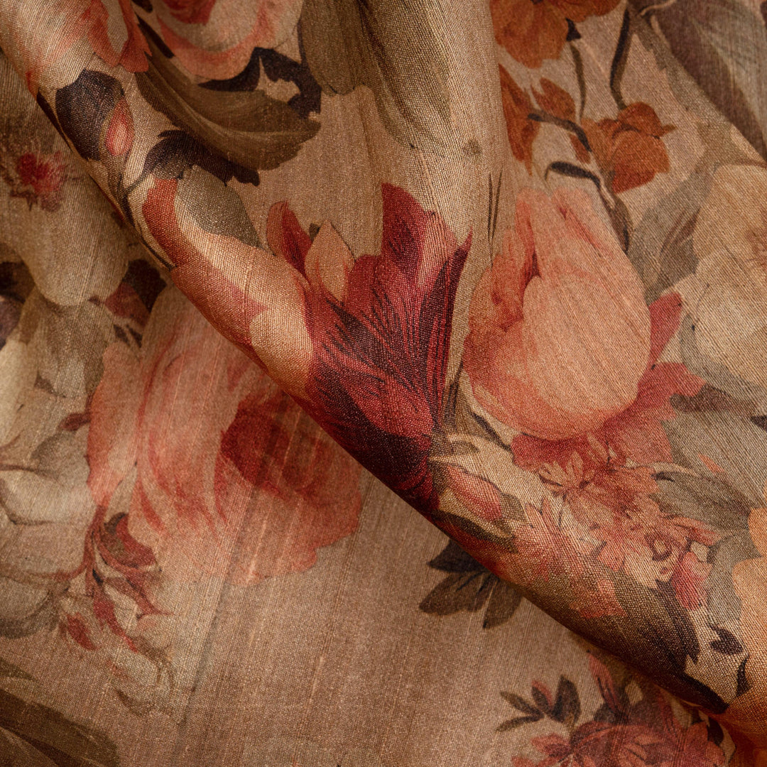 Close-up of floral fabric with a focus on texture and color.