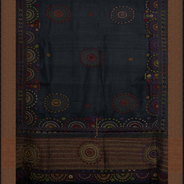 Pallu of Handwoven deep midnight blue  tussar  silk Saree