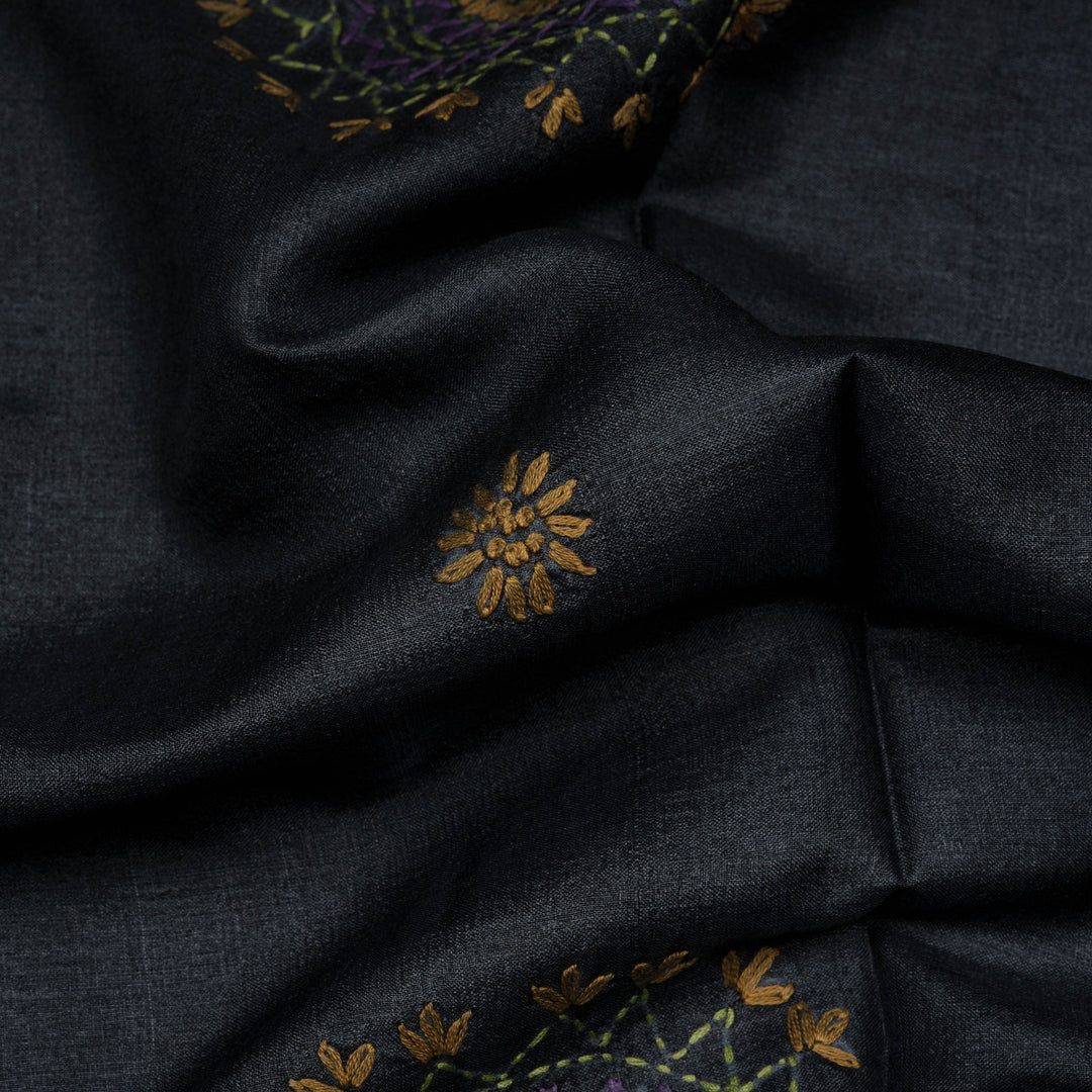 Closeup of Handwoven deep midnight blue  tussar  silk Saree