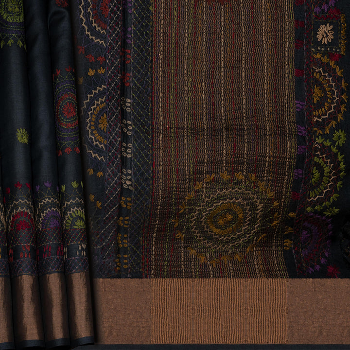 Body of Handwoven deep midnight blue  tussar  silk Saree