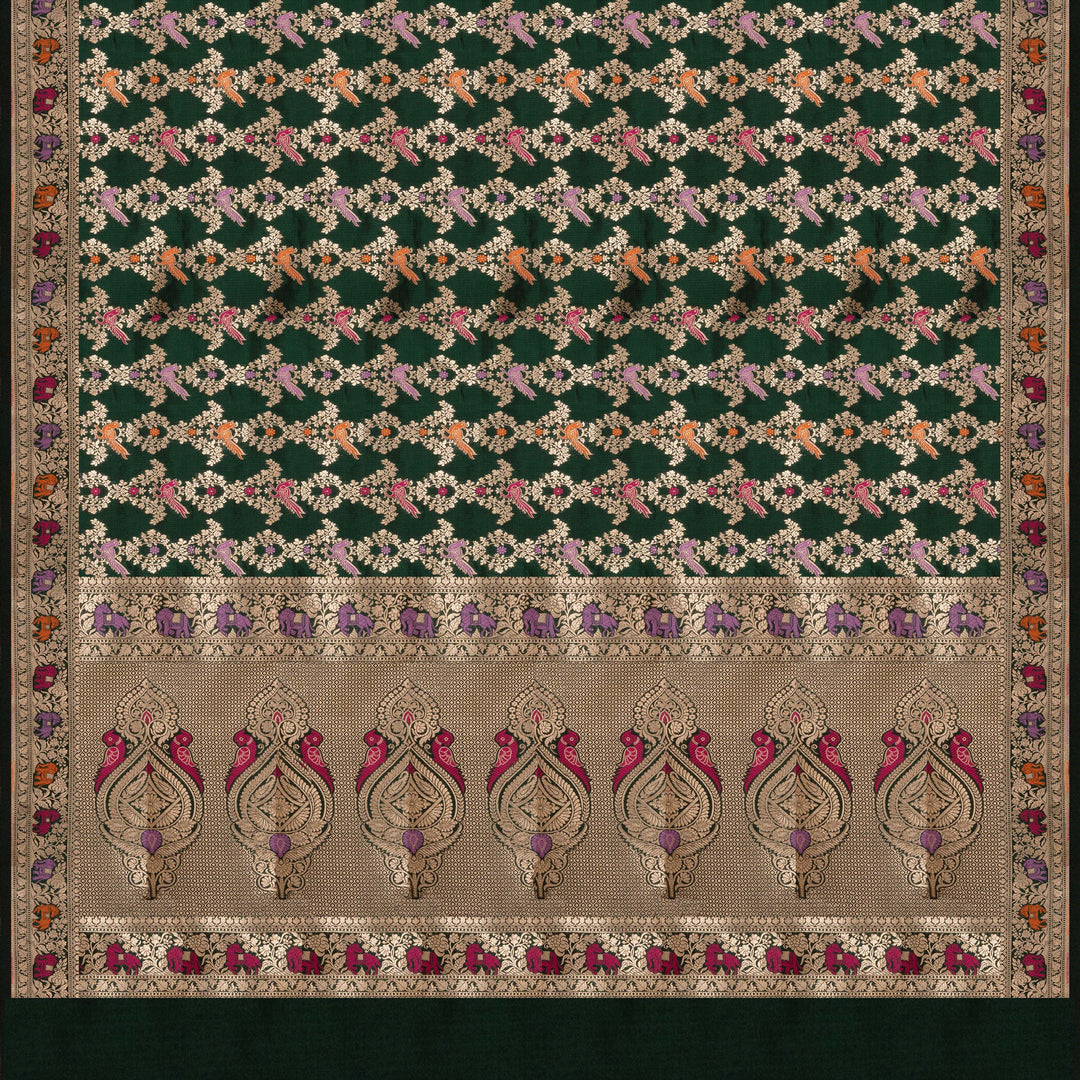 Pallu of Handwoven Bottle Green Banarasi Kattan silk Saree