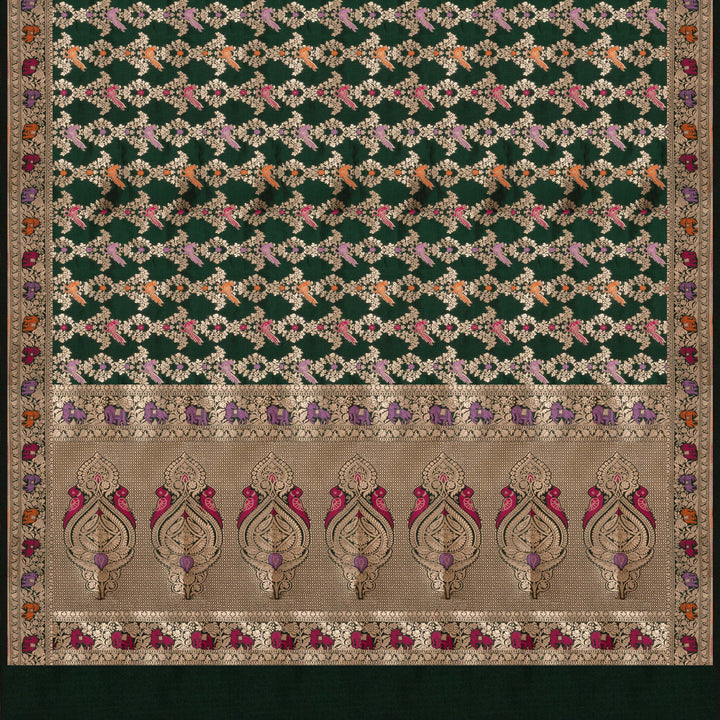 Pallu of Handwoven Bottle Green Banarasi Kattan silk Saree