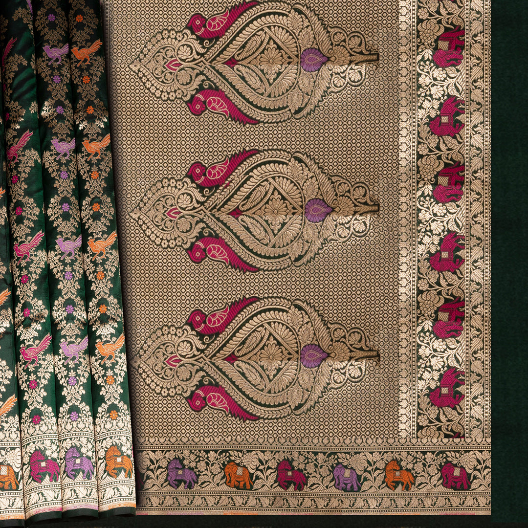 Body design of Handwoven Bottle Green Banarasi Kattan silk Saree