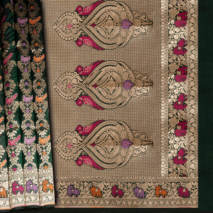 Body design of Handwoven Bottle Green Banarasi Kattan silk Saree