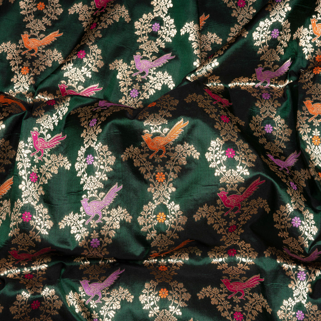 Closeup of Handwoven Bottle Green Banarasi Kattan silk Saree