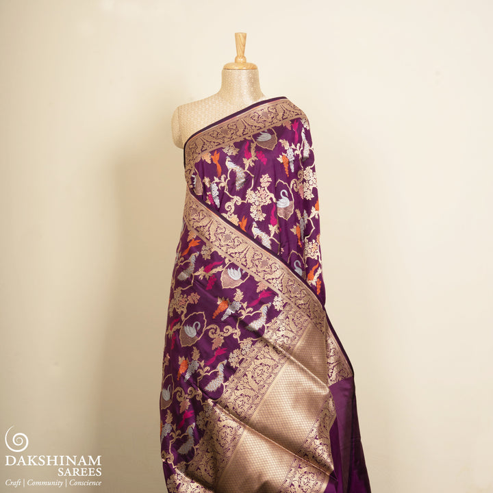 Pleats/body of Handwoven Purple Banarasi Kattan silk Saree