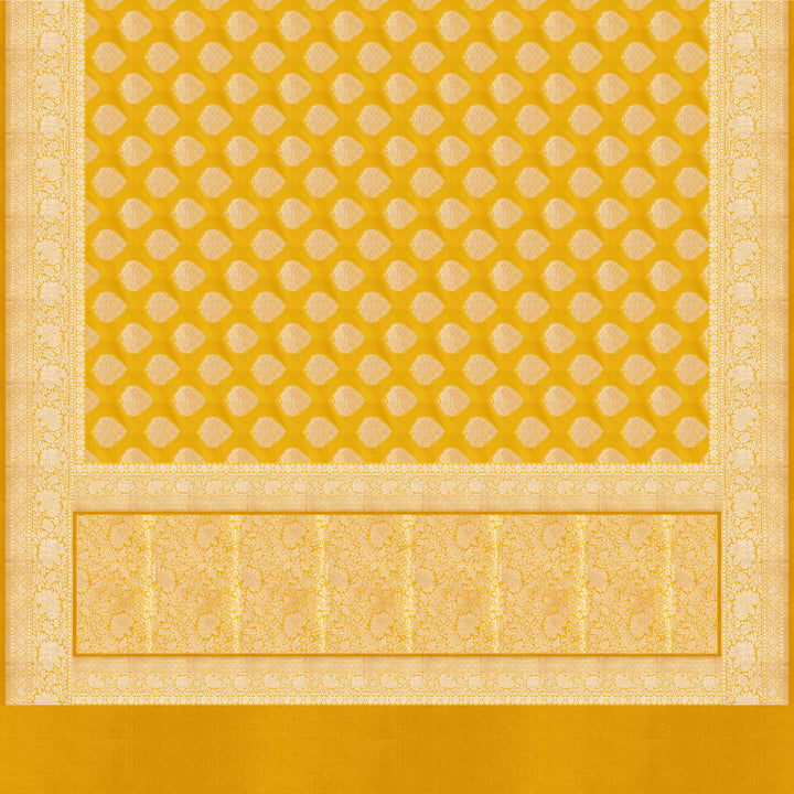 Pallu of Handwoven Yellow Banarasi Kattan silk Saree
