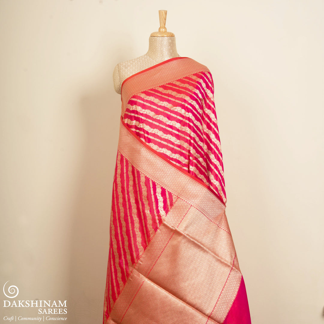 Pleats/body of Handwoven Pink Banarasi Kattan silk Saree