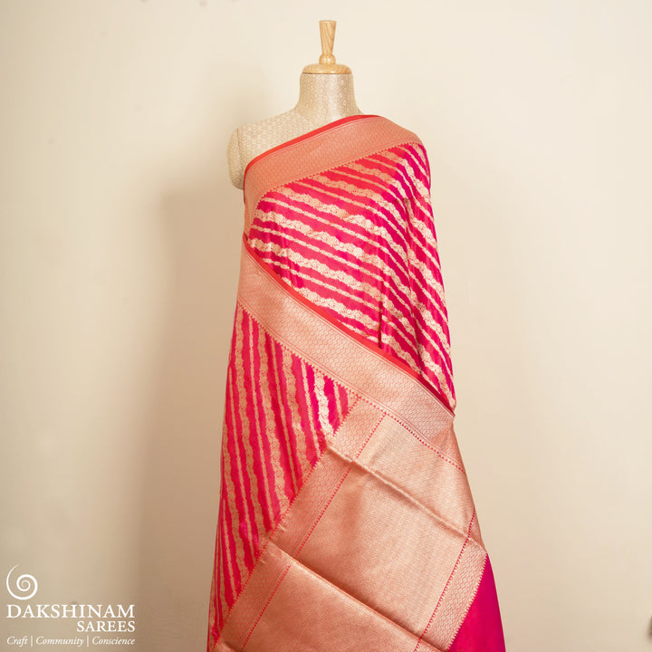 Pleats/body of Handwoven Pink Banarasi Kattan silk Saree