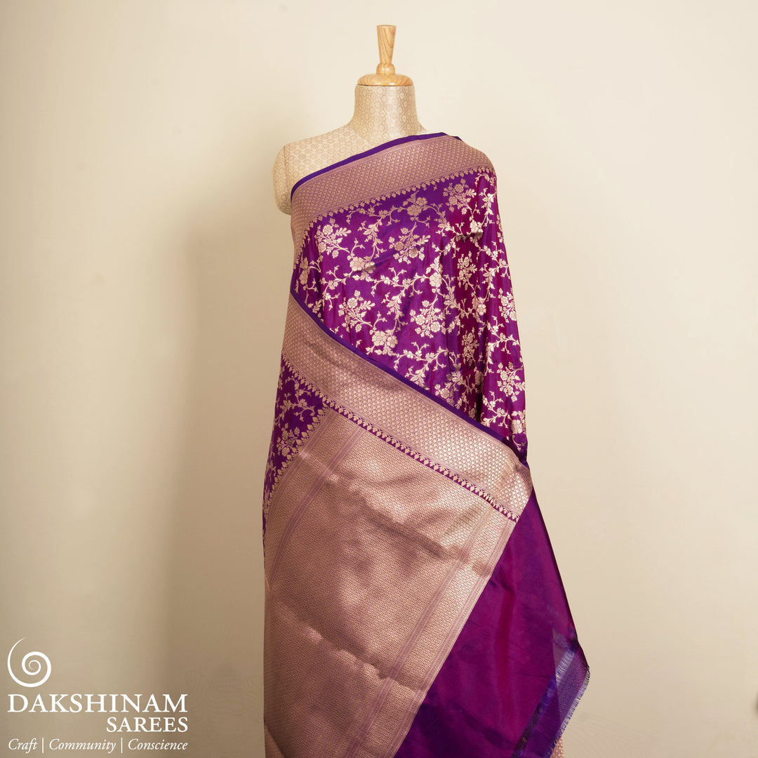 Pleats/body of Handwoven Purple Banarasi Kattan silk Saree