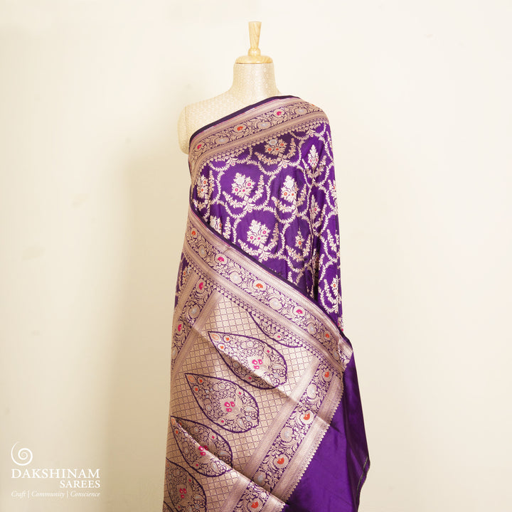 Pleats/body of Handwoven Purple Banarasi kattan Silk Saree