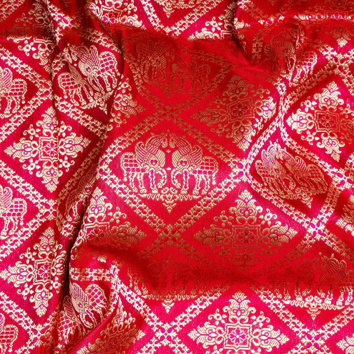 Closeup of Handwoven Red Banarasi Kattan Silk Saree