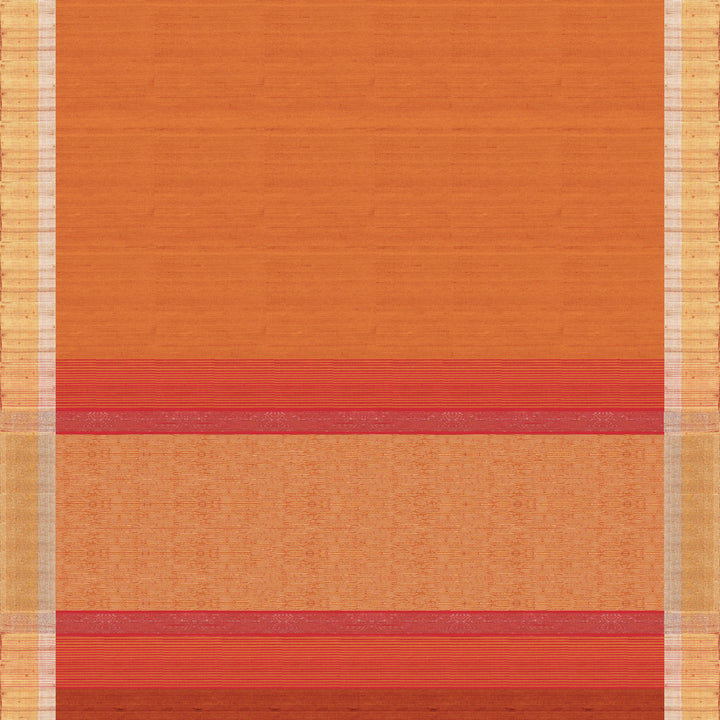 Pallu of Handwoven Orange Dupion soft silk Saree