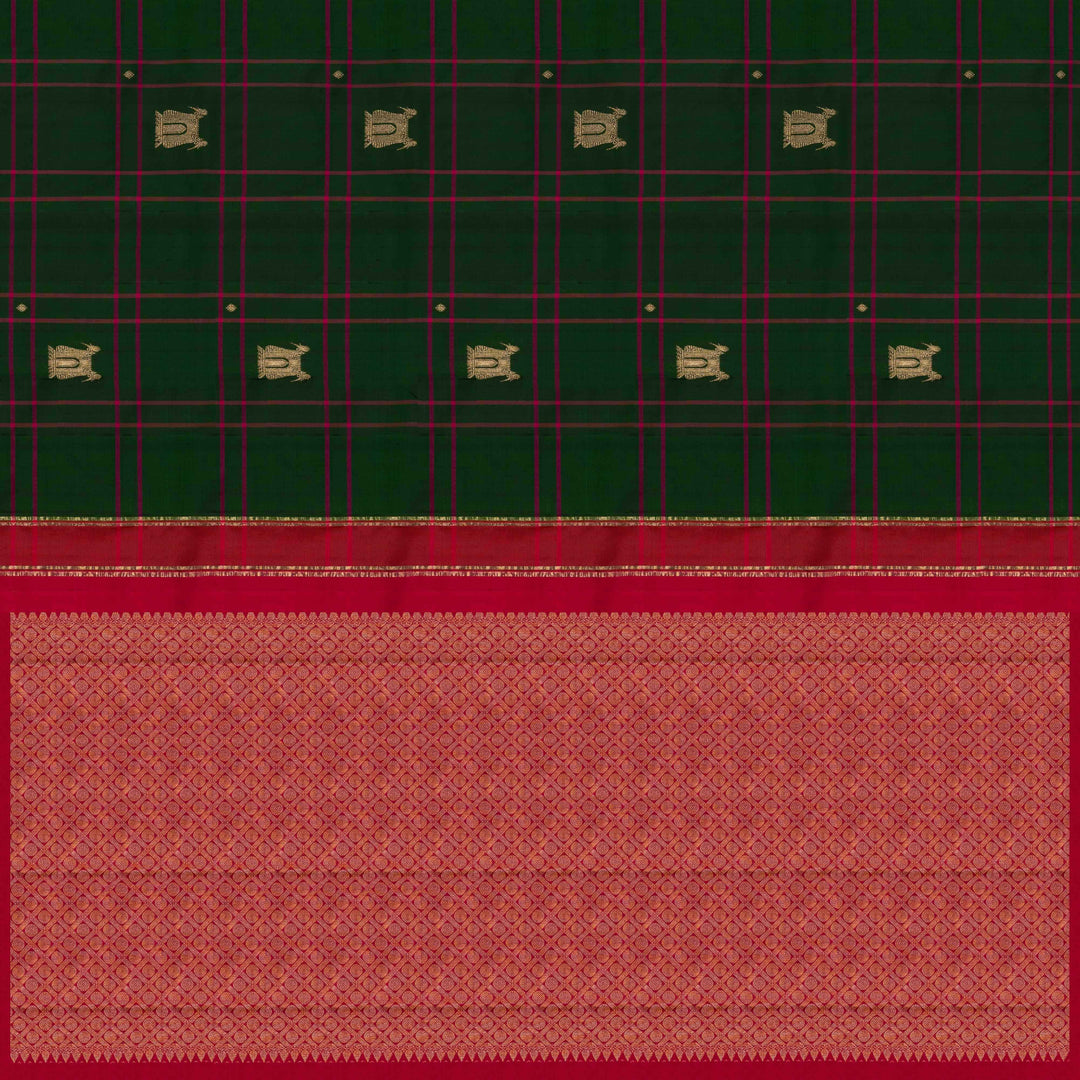 Pallu of Handwoven Green with pink Kanjivaram silk Saree