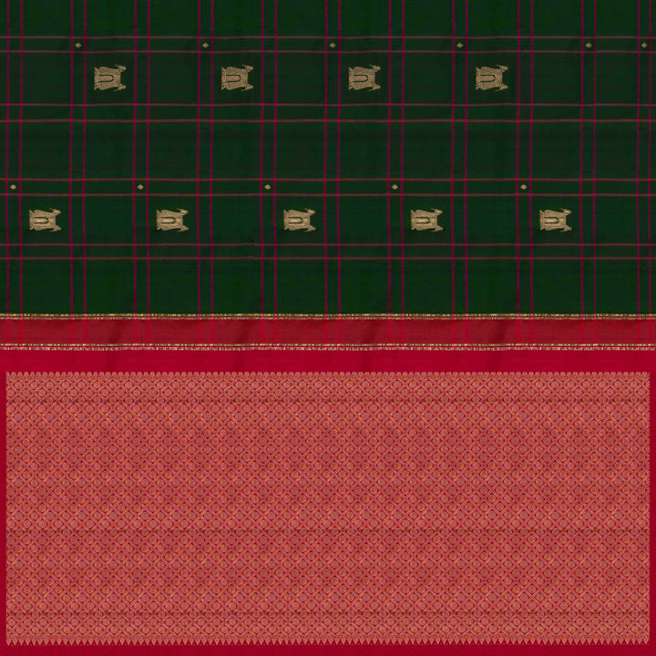 Pallu of Handwoven Green with pink Kanjivaram silk Saree