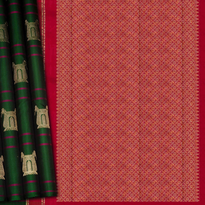 Green fabric with decorative patterns on a red background