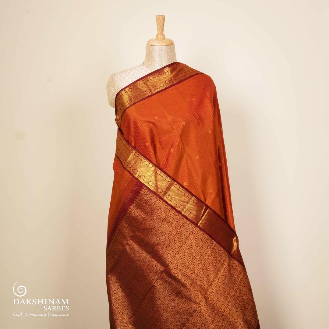 Pleats/body of Handwoven Rust Orange with maroon Kanjivaram silk Saree