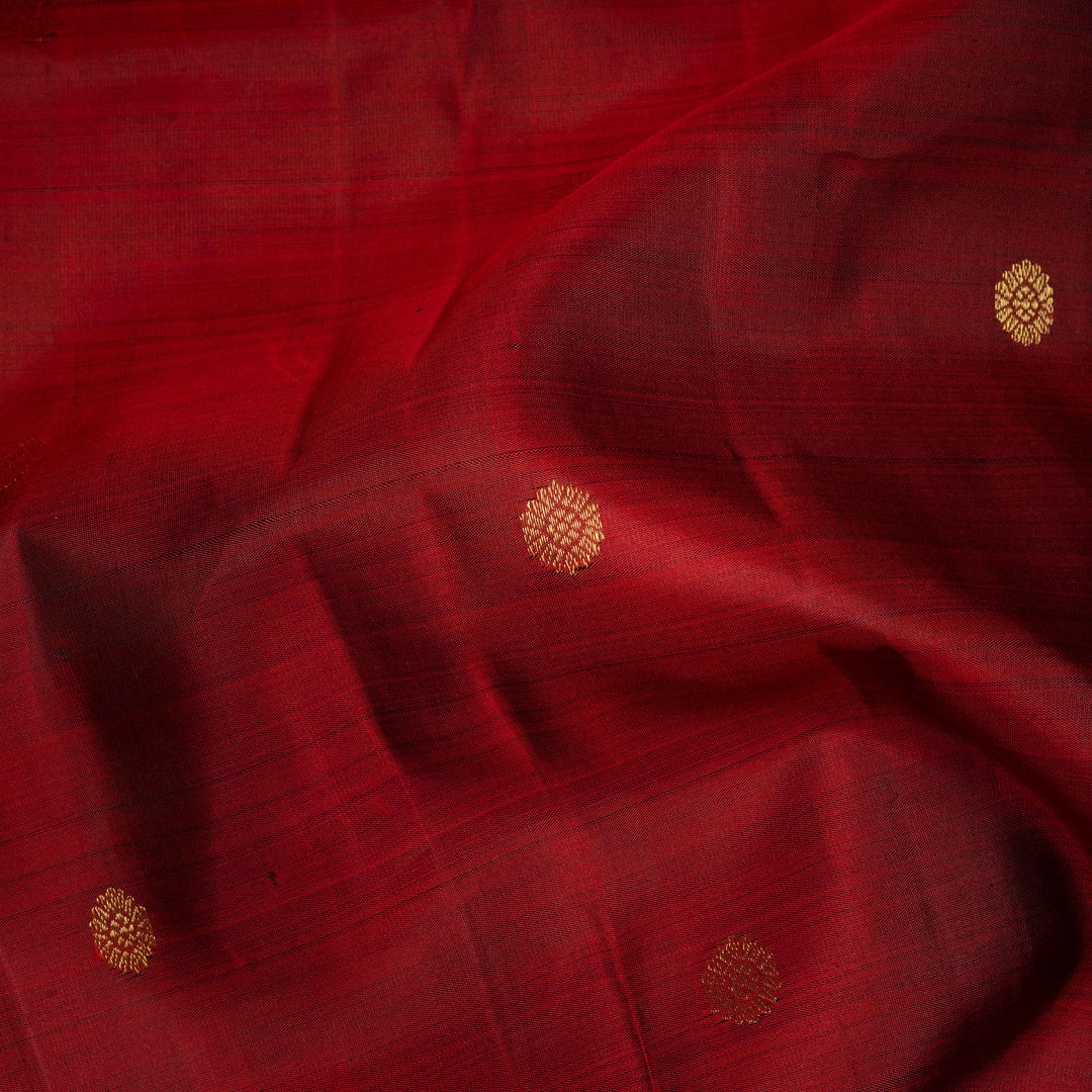 Closeup of Handwoven Maroon with Brown Kanjivaram silk Saree