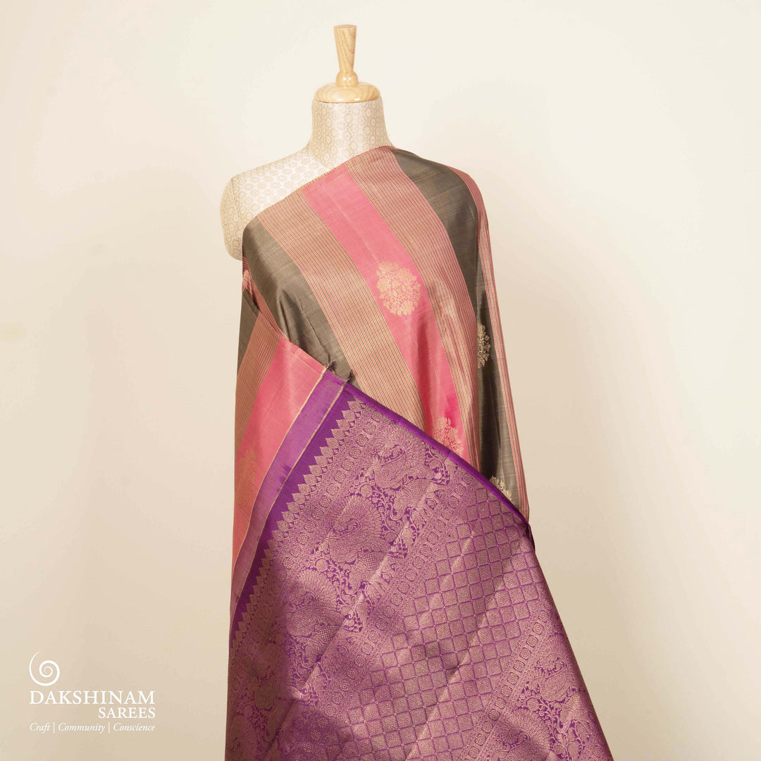 Pleats/body of Handwoven Pink with Purple Kanjivaram silk Saree