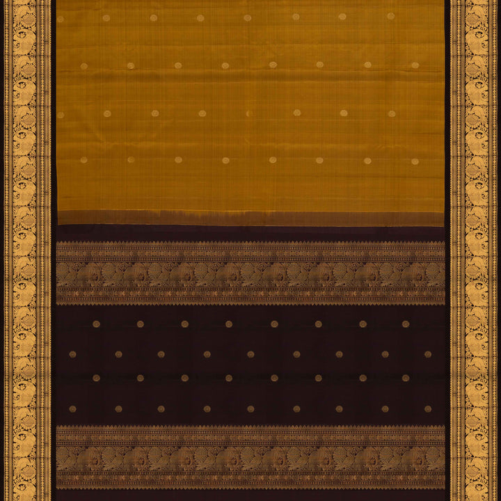 Pallu of Handwoven Moss brown and deep brown Kanjivaram silk Saree