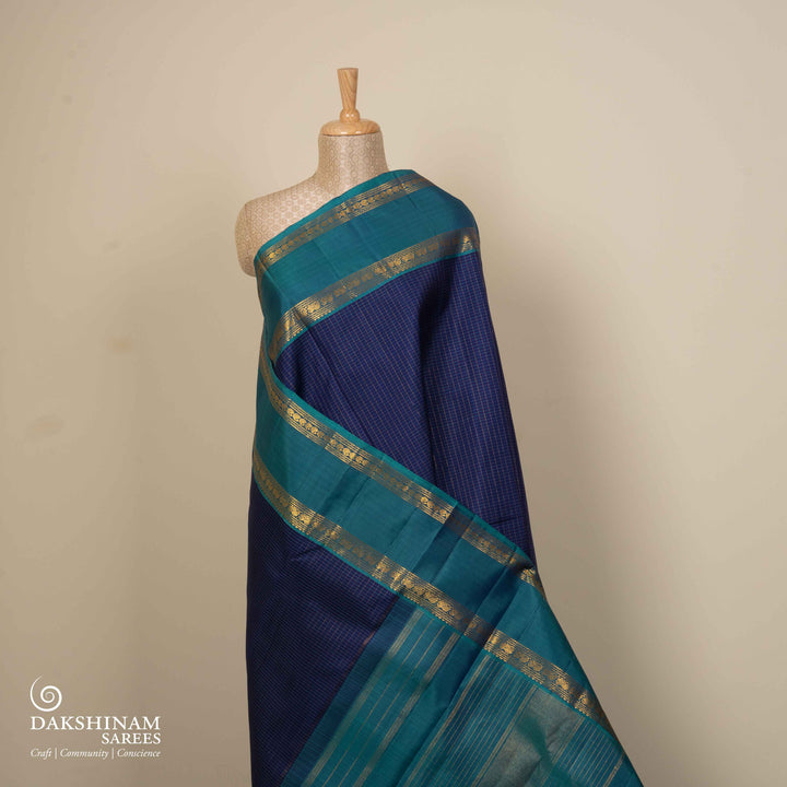 Pleats/body of Handwoven Navy blue with teal Kanjivaram silk Saree