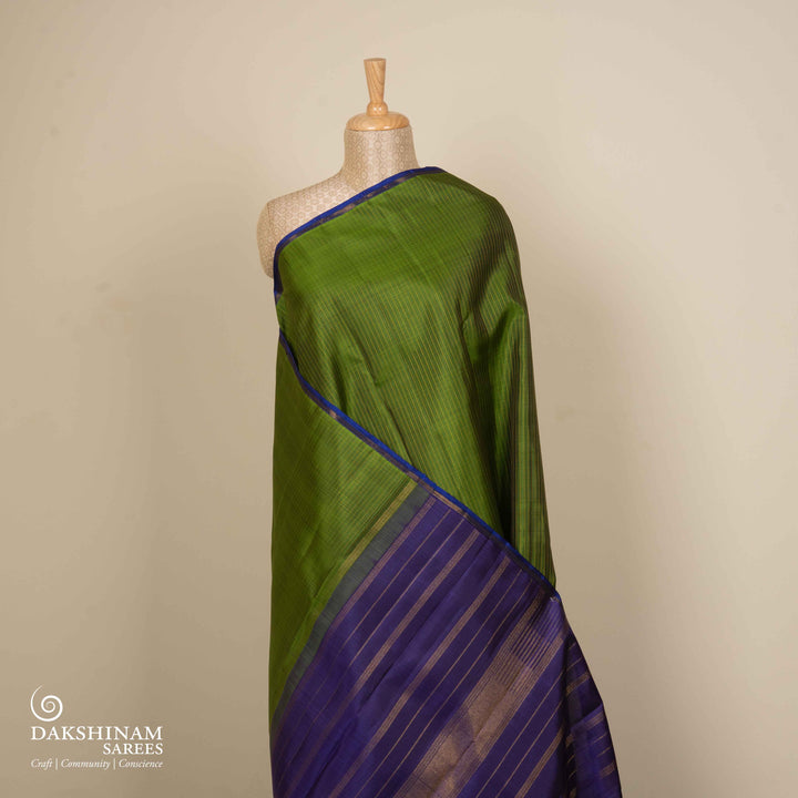 Pleats/Body of Handwoven Green with blue Kanjivaram silk Saree