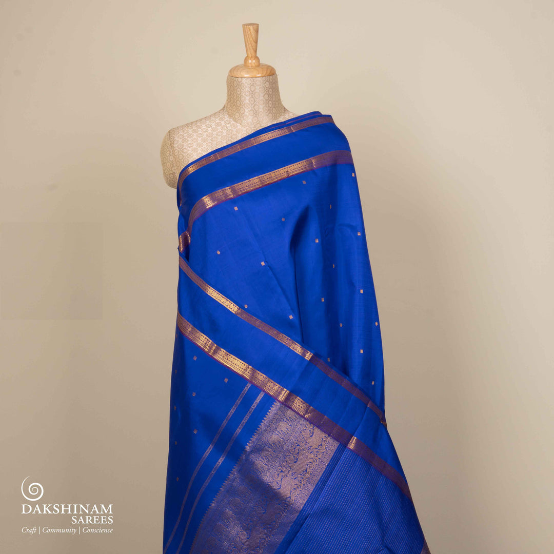 Pleats/body of Handwoven Royal blue Kanjivaram silk Saree