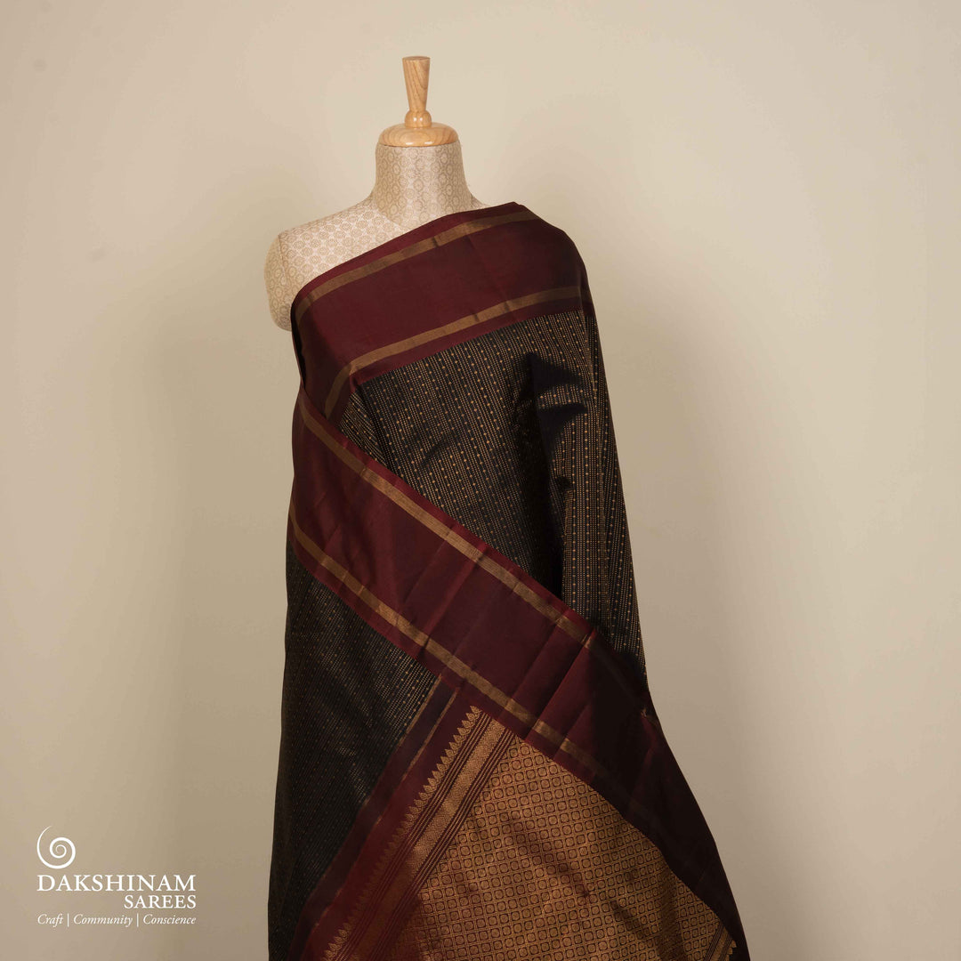Pleats/body of Handwoven Black with maroon Kanjivaram silk Saree