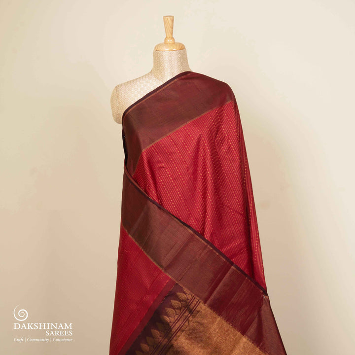 Pleats/body of Handwoven Red with maroon Kanjivaram silk Saree