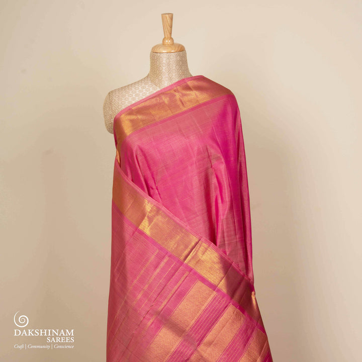 Pleats/body of Handwoven Pink Kanjivaram silk Saree