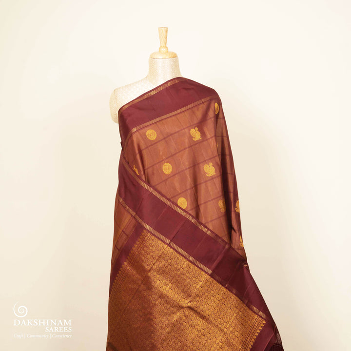 Pleats/body of Handwoven Brown Kanjivaram silk Saree