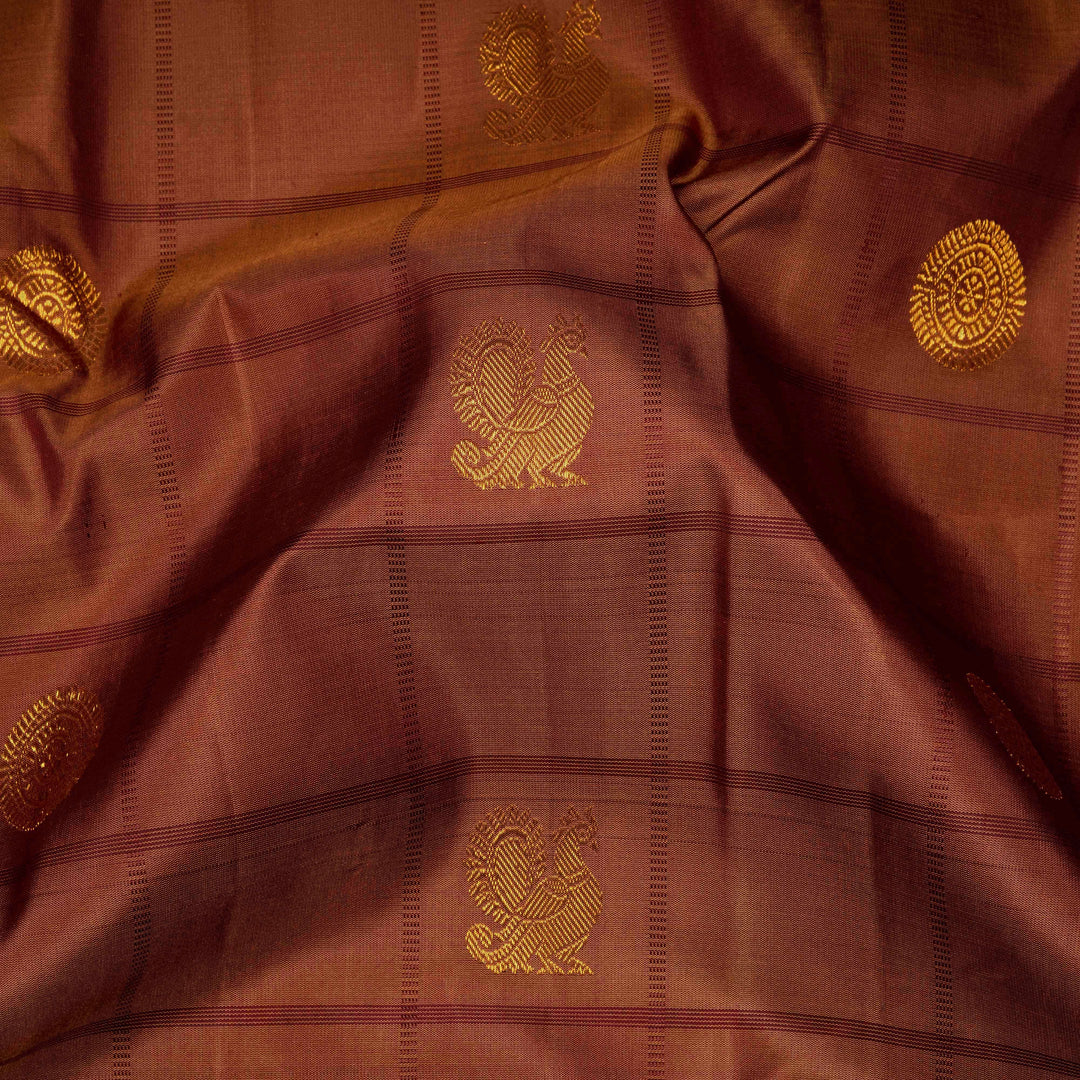 Closeup of Handwoven Brown Kanjivaram silk Saree