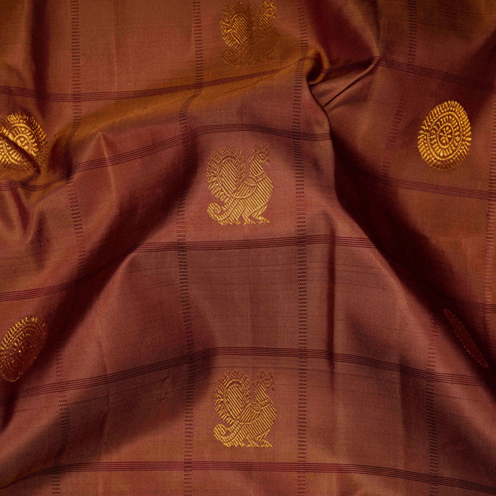 Closeup of Handwoven Brown Kanjivaram silk Saree