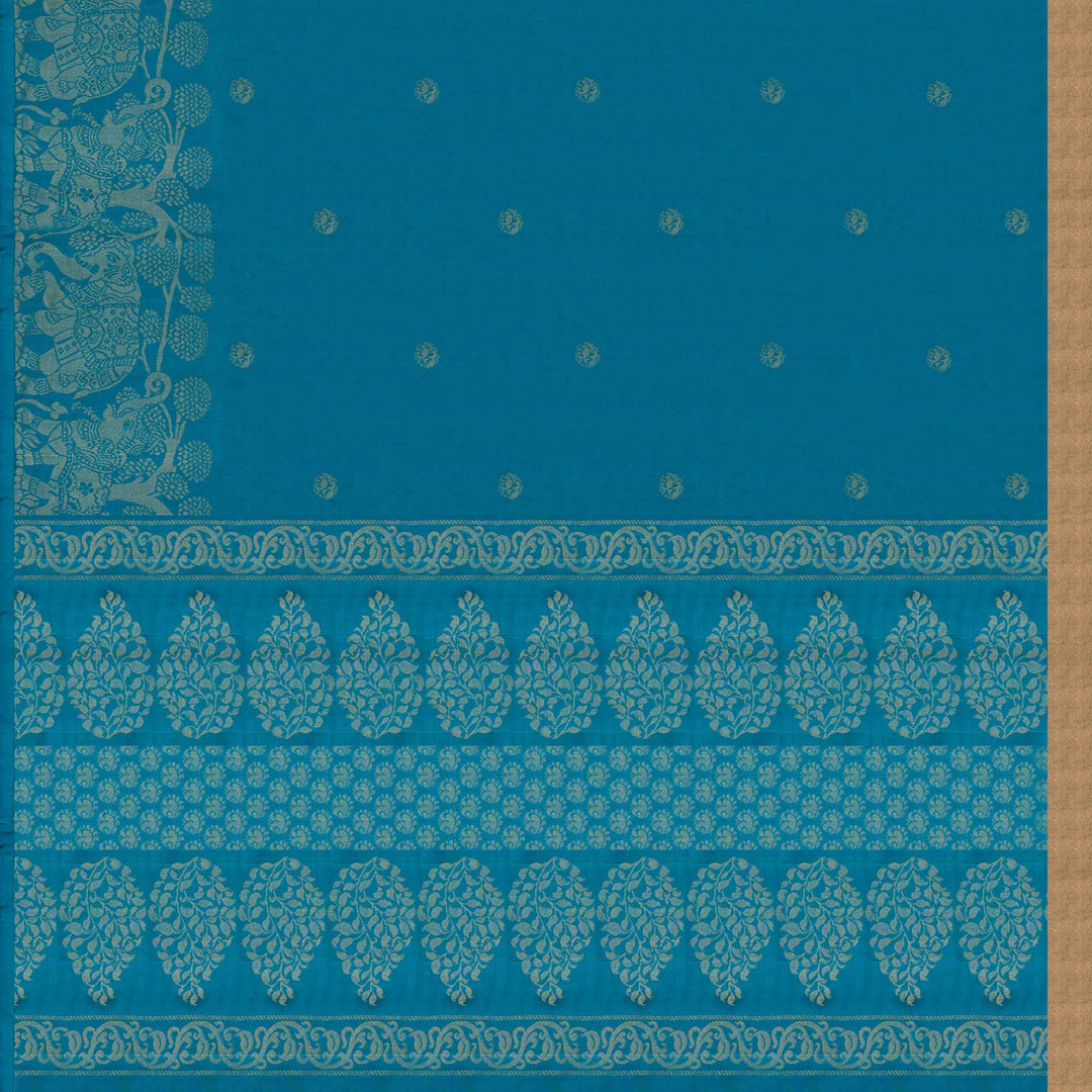 Pallu of Handwoven Peacock Blue color Soft silk Saree