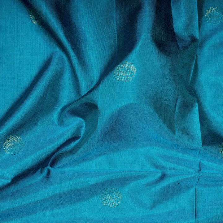 Closeup of Handwoven Peacock Blue color Soft silk Saree