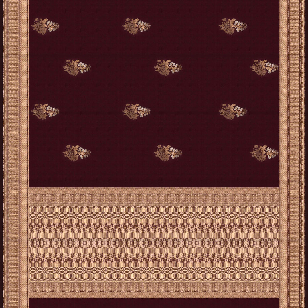 Pallu of Handwoven Wine Mubarakpur Banarasi Kattan silk Saree