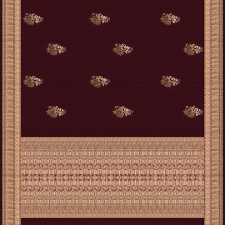 Pallu of Handwoven Wine Mubarakpur Banarasi Kattan silk Saree