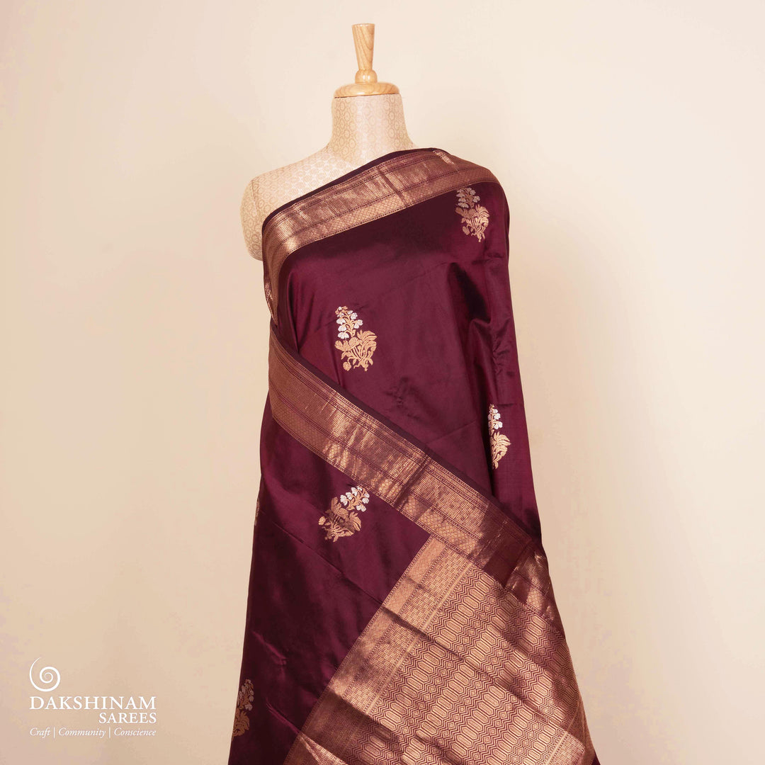 Pleats/body of Handwoven Wine Mubarakpur Banarasi Kattan silk Saree