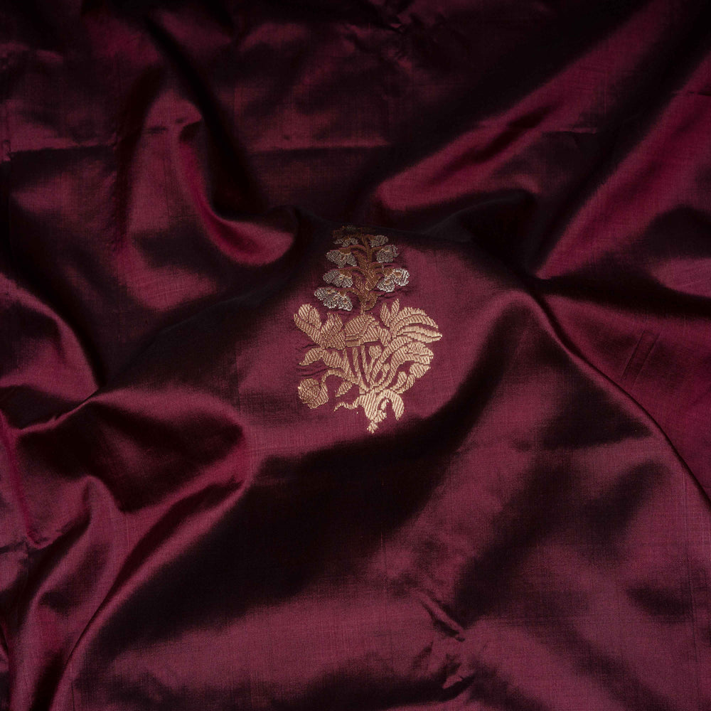 Closeup of Handwoven Wine Mubarakpur Banarasi Kattan silk Saree