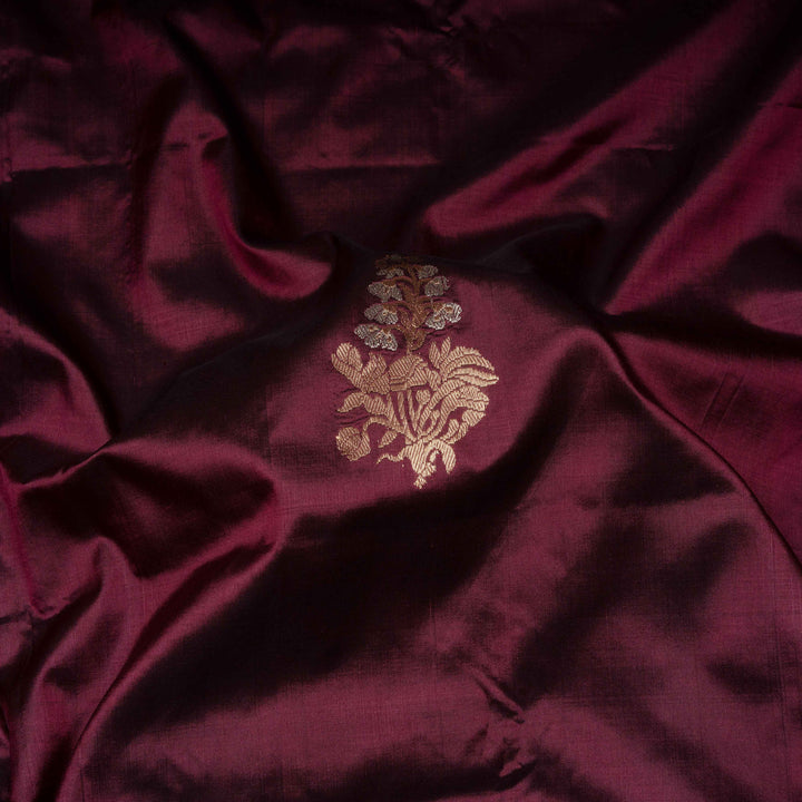 Closeup of Handwoven Wine Mubarakpur Banarasi Kattan silk Saree