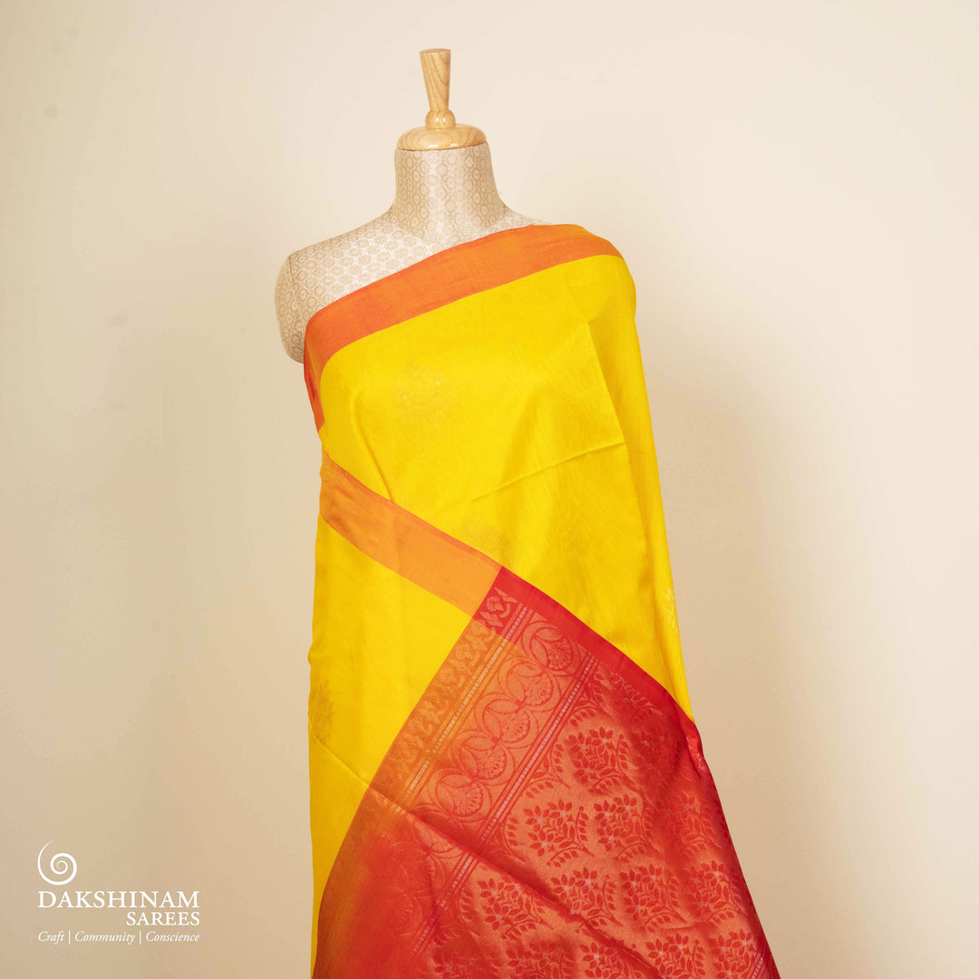 Pleats/body of Handwoven Yellow  with Pink Silk Cotton Saree