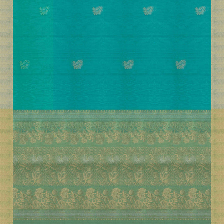 Pallu of Handwoven Blue with Aqua Silk Cotton Saree