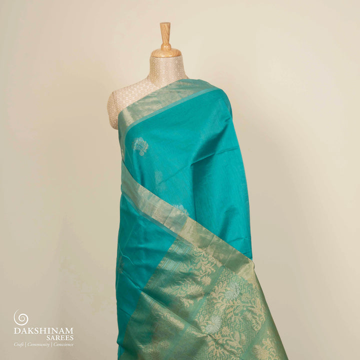 Pallu of Handwoven Blue with Aqua Silk Cotton Saree