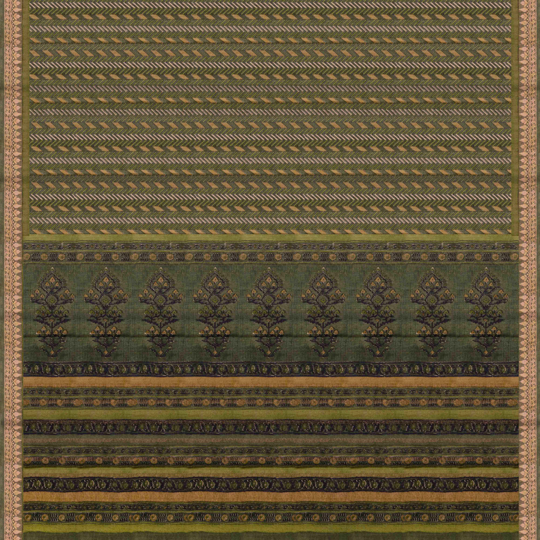 Pallu of Handwoven Olive Green Moonga Tussar Silk Saree