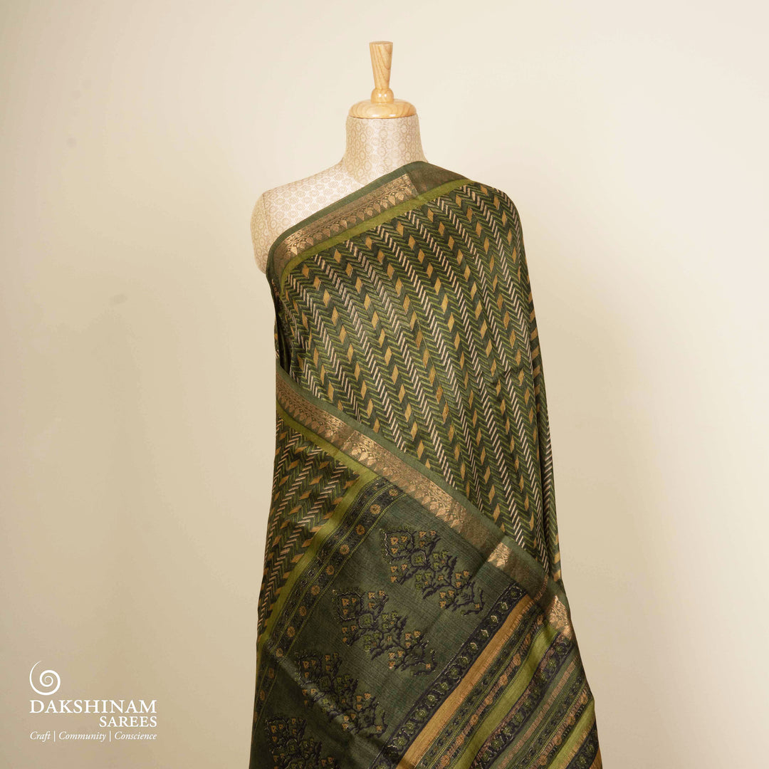 Pleats/body of Handwoven Olive Green Moonga Tussar Silk Saree