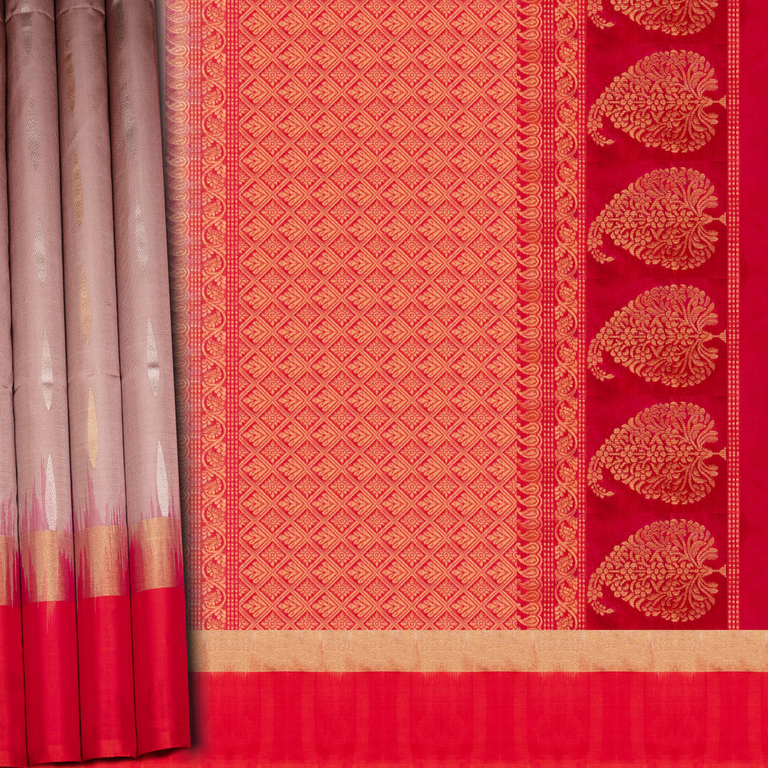 Body design of Handwoven Lavender with Red color Soft silk Saree