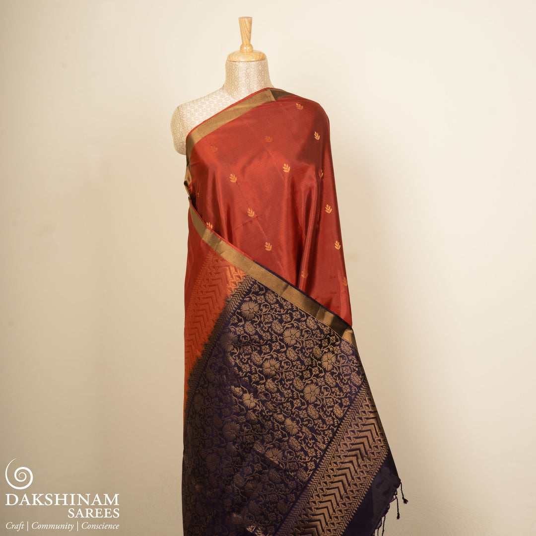 Pleats/body of Handwoven Rust Orange with Deep Purple color Soft silk Saree